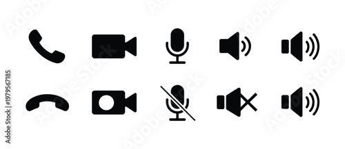 Phone receiver, video call, microphone, mute, speaker volume, and silent icon, communication element symbol, modern flat vector design