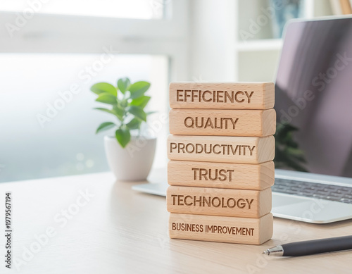 Concept of skill development and productivity with modern workspace elements. Clean and minimal composition symbolizing growth, learning, efficiency and professional success.
