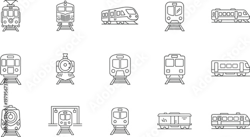 Comprehensive collection of train and railway line icons including steam engines, high speed subways, metro systems, and cargo freight cars for transportation travel and logistics designs.