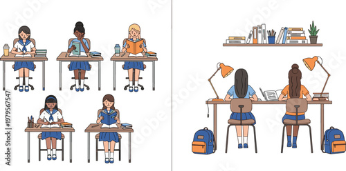 Diverse Schoolgirls Studying at Desks with Books, Notebooks, and Backpacks, Perfect for Education, Learning, and Classroom Illustrations