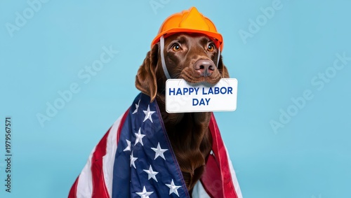 Wallpaper Mural Happy labor day dog with american flag wearing hard hat and holding sign blue background. Torontodigital.ca