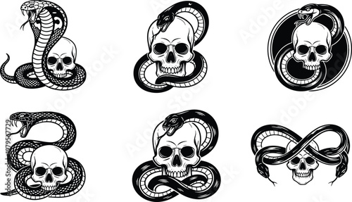Collection of black and white snake and skull vector illustrations featuring aggressive cobras and pythons coiled around human craniums for tattoo designs and gothic art.