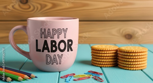 Wallpaper Mural Happy labor day mug with cookies and pencils festive holiday greeting celebration concept. Torontodigital.ca