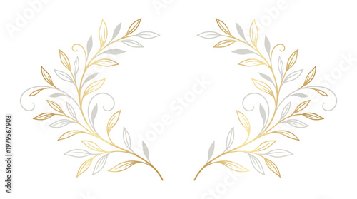 Elegant symmetrical gold leaf laurel frame on a white background, decorative botanical border for invitations and branding