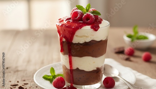 Elegant layered chocolate mousse parfait topped with fresh raspberries and mint served on a white plate in a café