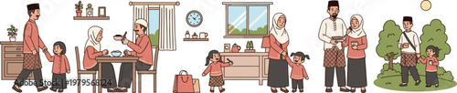 Muslim Family Engaged in Daily Activities: Eating, Playing, and Enjoying Family Time Together, Perfect for Family, Cultural, and Lifestyle Illustrations