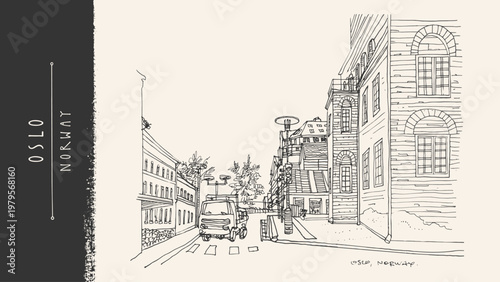 Oslo, Norway. Street city road sketch postcard. Scandinavian architecture with buildings and sidewalk. Urban travel cityscape view. Handdrawn vector illustration. Vintage Norway Travel sketch postcard
