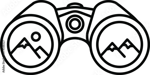  pair of binoculars with with mountain landscapes illustrated inside the lenses used as a symbol for observation, tourism, or adventure. 