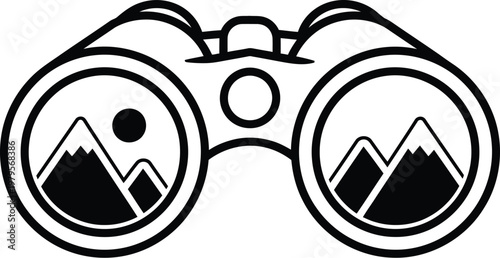  pair of binoculars with with mountain landscapes illustrated inside the lenses used as a symbol for observation, tourism, or adventure. 