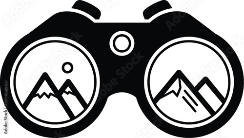  pair of binoculars with with mountain landscapes illustrated inside the lenses used as a symbol for observation, tourism, or adventure. 