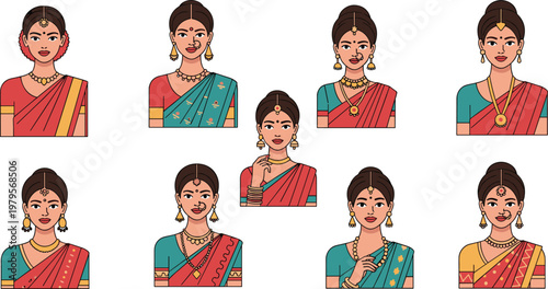 Indian Women in Different Saree Styles and Hairstyles with Traditional Jewelry, Perfect for Cultural, Fashion, and Ethnic Illustrations