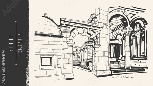 Split, Croatia Palace of Diocletian, a UNESCO World Heritage Site. The Peristil (Peristyle), the central, open-air ceremonial courtyard. Vector Artistic vintage handdrawn ravel sketch postcard, poster