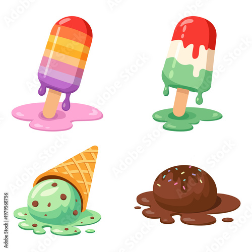 Fallen ice cream set. Various flavors of ice cream and popsicles melting on ground, creating colorful puddles. Vector Illustration
