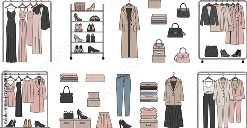 Minimalist Fashion Wardrobe with Dresses, Shoes, Handbags, and Accessories, Perfect for Clothing, Fashion, and Style Illustrations