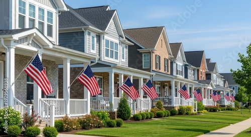Wallpaper Mural Suburban american neighborhood street with houses adorned with american flags on blue sky. Torontodigital.ca
