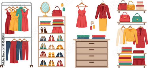 Stylish Fashion Closet with Dresses, Shoes, Handbags, and Accessories, Perfect for Clothing, Wardrobe, and Fashion Illustrations