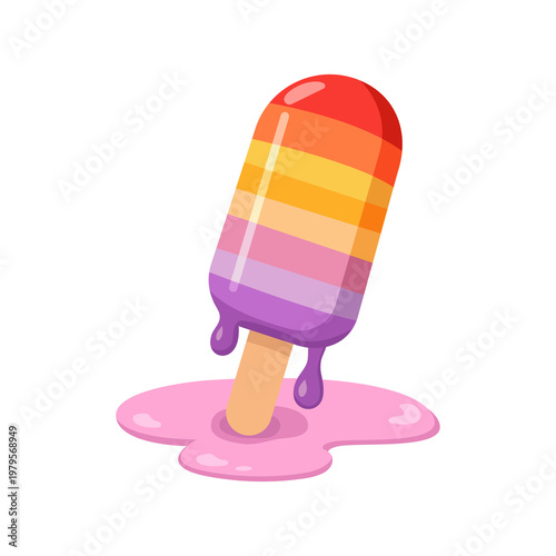 Melted Rainbow Popsicle. Ice-cream serve dessert. Summer food meal.Vector Illustration