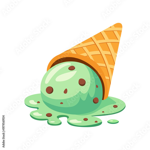 Pistachio ice cream a waffle cone that melted on the surface. Vector illustration