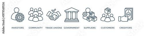 Stakeholder banner web icon vector illustration concept for stakeholder, investor, government, and creditors with icon of community, trade unions, suppliers, and customers