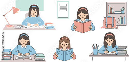 Young Girl Studying at Desk with Books, Notebook, Backpack, and Desk Lamp, Perfect for Education, Learning, and Student Illustrations