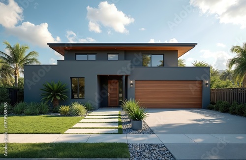 Modern dark grey two-story house with wooden garage door and front entrance. Lush green lawn and tropical plants surround residential home. Sunny day with blue sky and clouds.
