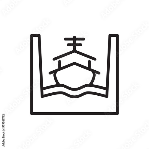 Dry dock icon symbolizing vessel maintenance, representing shipyard hardware, hull repair tools, maritime docking gear, basin drainage systems, and industrial port logistics for ship construction.