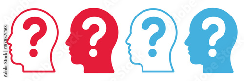 Question head profile icon set with human silhouette and question mark, thinking doubt and problem solving concept, modern flat vector illustration