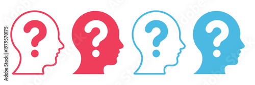 Question head profile icon set with human silhouette and question mark, thinking doubt and problem solving concept, modern flat vector illustration