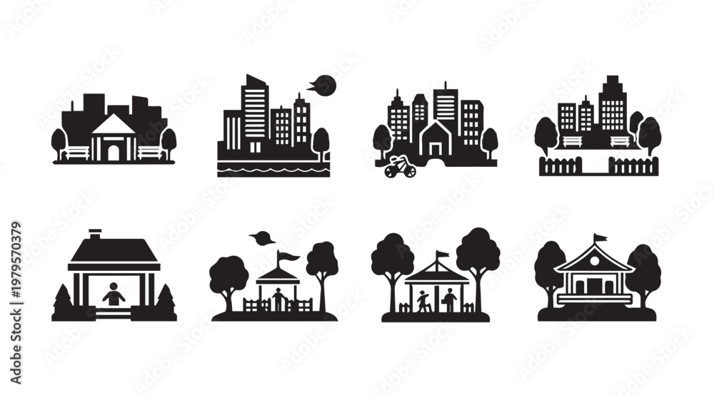 Naklejka premium Cityscape and residential building icons with park scenes during daytime