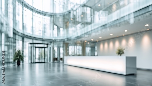 Modern, spacious office lobby with a brightly lit reception desk, glass walls, and revolving door