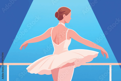 Ballerina in white tutu standing gracefully under stage lights with blue gradient background, stylized vector illustration.