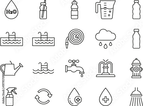Comprehensive collection of water and hydration line icons featuring bottles, swimming pools, faucets, rain clouds, and plumbing symbols for environmental projects and health design concepts.