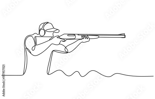 Single line drawing of a person aiming a shotgun with clay pigeon trap shooting line art continuous shooting outdoors activity recreation competition training practice ammunition