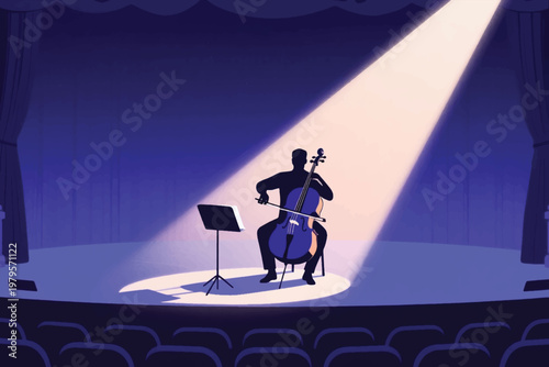 Cellist performing solo under spotlight on stage with curtains and empty audience seats, stylized vector illustration.