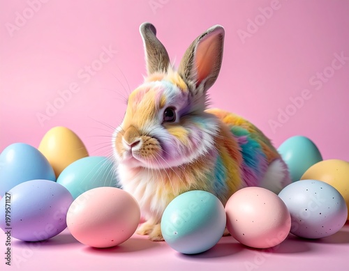 Easter Bunny Surrounded by Colorful Eggs on Pink Background.