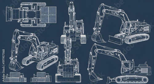 Solar Excavator Blueprint Vector – Construction Machinery Multiview Technical Drawing White Outline on Dark Blue Background Green Energy Equipment