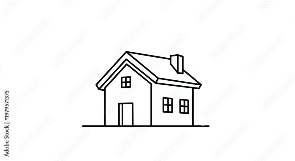 Fototapeta premium Minimalist outline drawing of a simple small house with a chimney and gabled roof, representing a home or residential building.