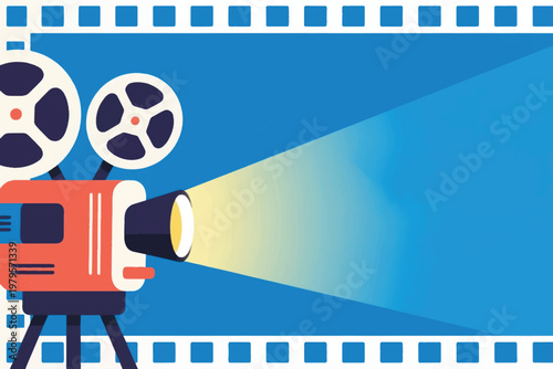 Red and white vintage film projector with reels projecting light, filmstrip border on blue background, stylized vector illustration.