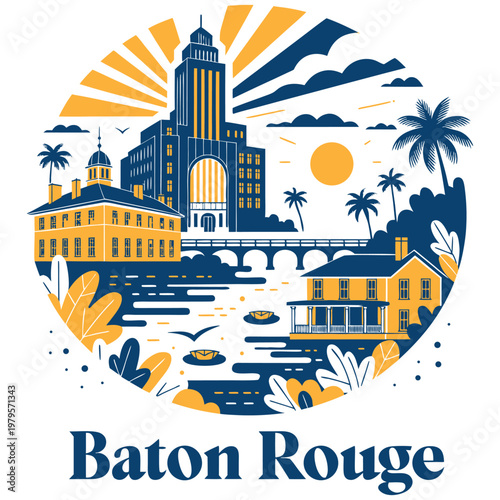 Baton Rouge Louisiana Travel Poster Style Illustration with State Capitol, Mississippi River Bridge, and Southern Architecture in a Modern Flat Graphic Circular Emblem Design