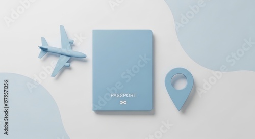 Travel concept with airplane, passport, and location pin
