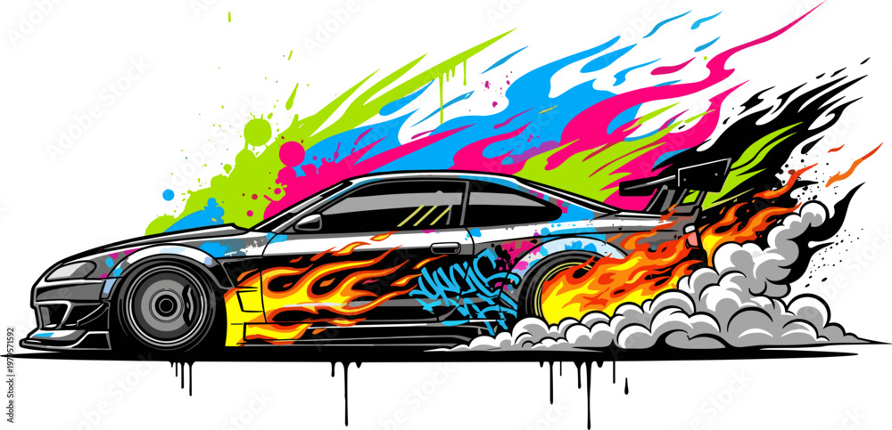 Obraz premium Speedy Race Car Icon Set Featuring Colorful Flames, Graffiti, and Smoke for Motorsports, Street Racing, and Car Design Illustrations