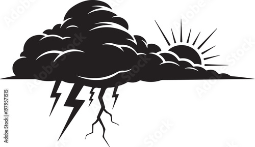 Black storm cloud with lightning and sun