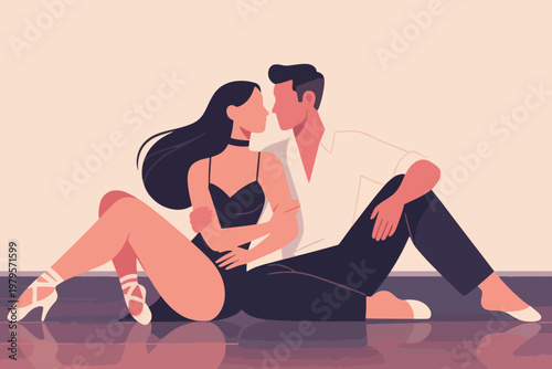 Couple sitting closely on floor embracing each other with pastel background and reflective surface, stylized vector illustration.