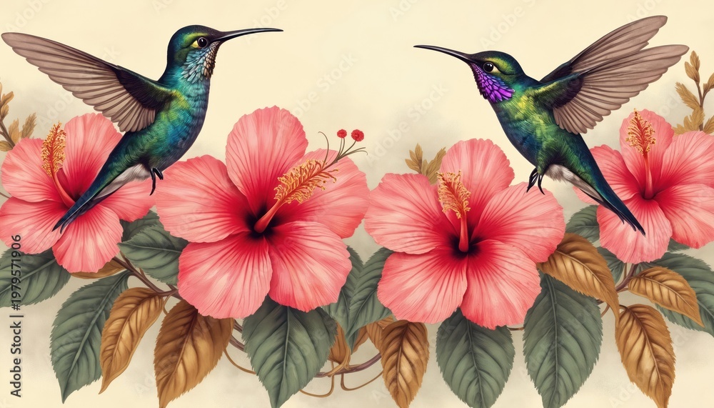 Obraz premium Two hummingbirds hover near bright pink hibiscus flowers. Small birds with iridescent feathers. Nature scene with tropical flora and fauna in a garden setting.