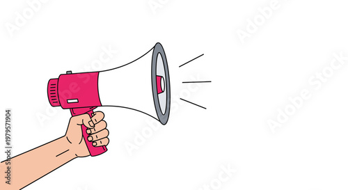 Hand holding a red and white megaphone or bullhorn with sound lines, representing announcements, marketing, or public speaking.
