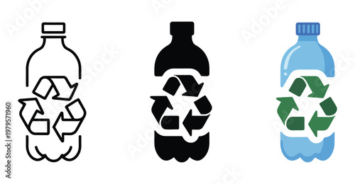 Recycled plastic bottles logo icon with recycling arrow and green leaves, sustainable packaging symbol, outline and filled vector illustration