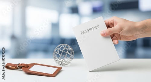Hand holding passport with travel accessories on a desk