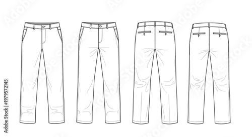 Technical fashion flat sketches of men's trousers showing front and back views with pocket details and waistband construction.