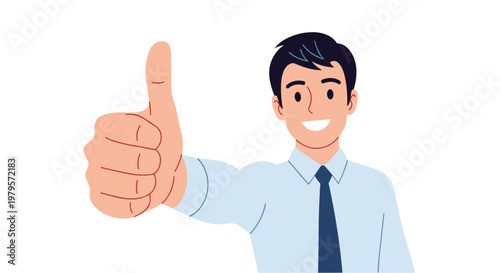Happy businessman in a light blue shirt and tie giving a thumbs up gesture, expressing approval, success, or positive feedback.