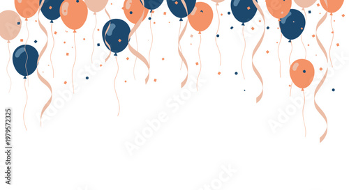 Festive background with colorful blue, orange, and peach balloons and ribbons floating against a clean white background.